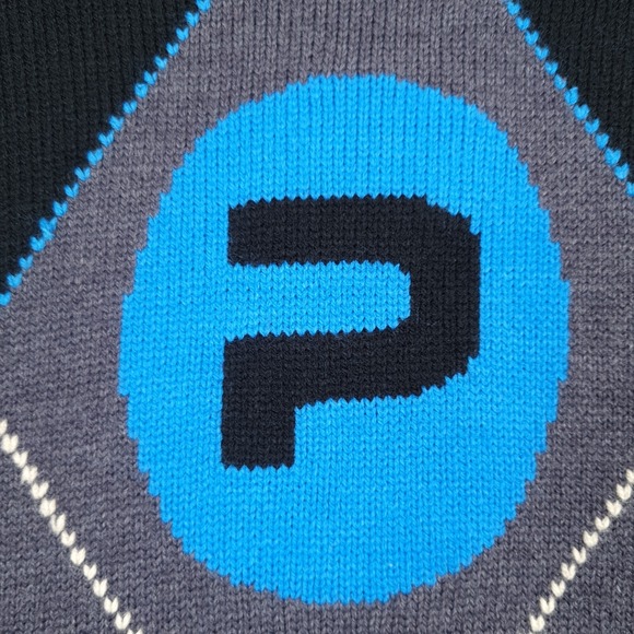 Vintage Y2K Paco Sweater Mens XL Black Blue Argyle Big Logo Mock Neck Pullover - Picture 9 of 16